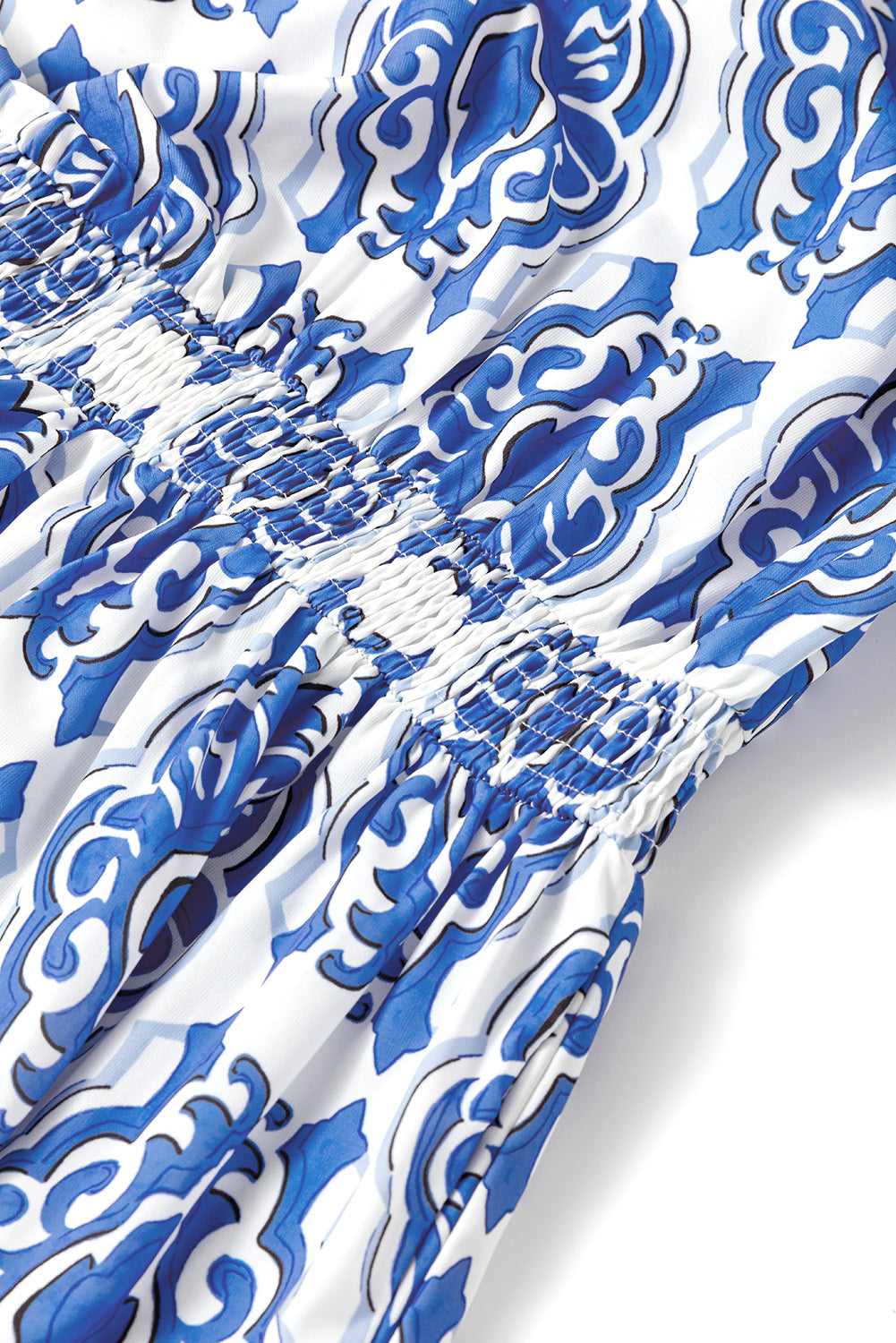 Blue Vintage Floral Print Wide Ruffled Sleeve Dress