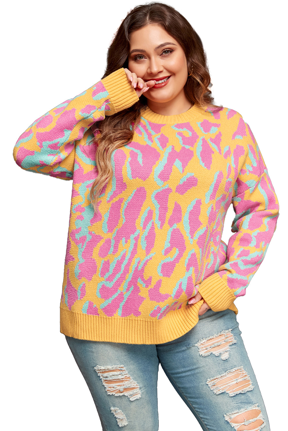 Plus Size Pink and Yellow Leopard Ribbed Trim Sweater