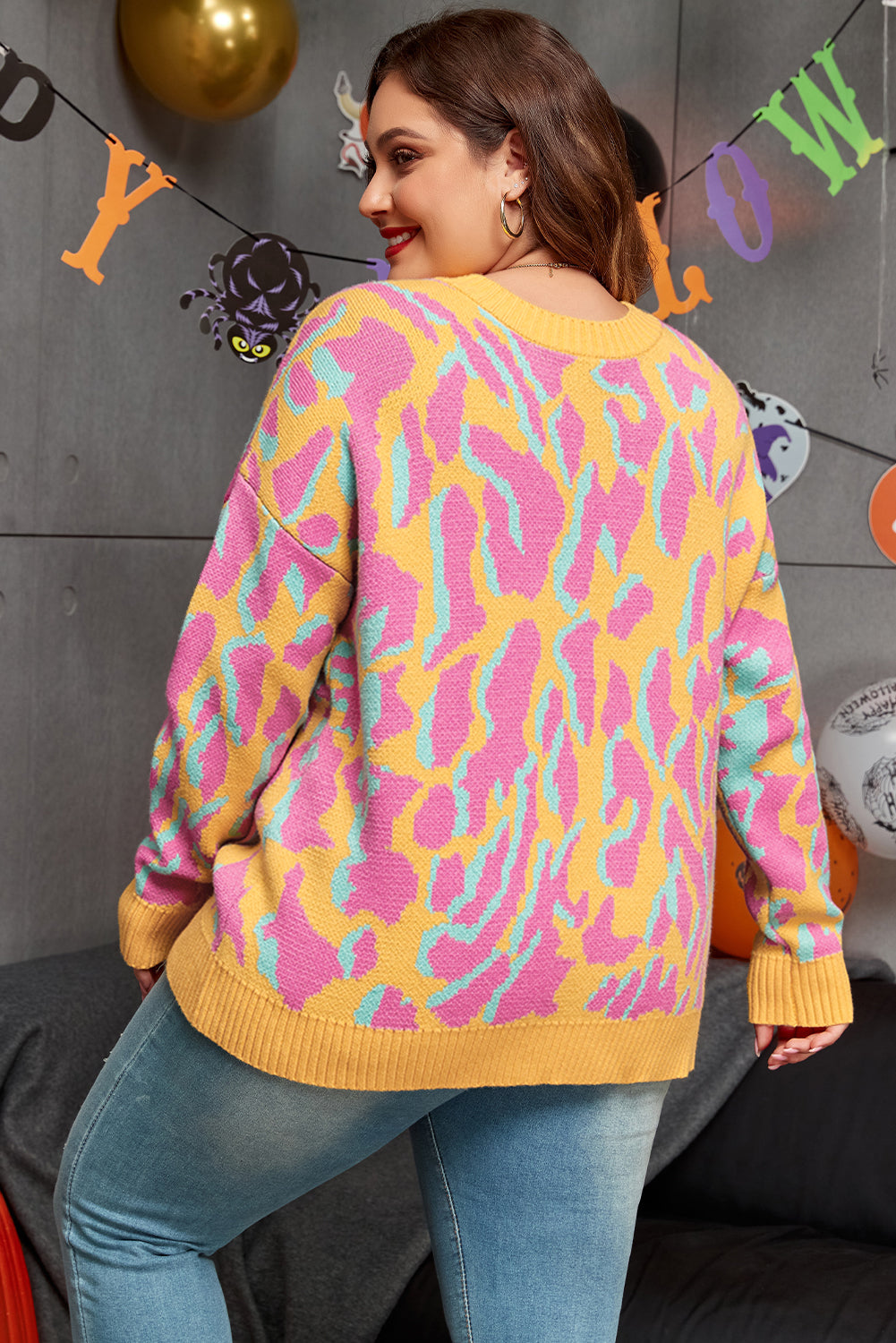 Plus Size Pink and Yellow Leopard Ribbed Trim Sweater