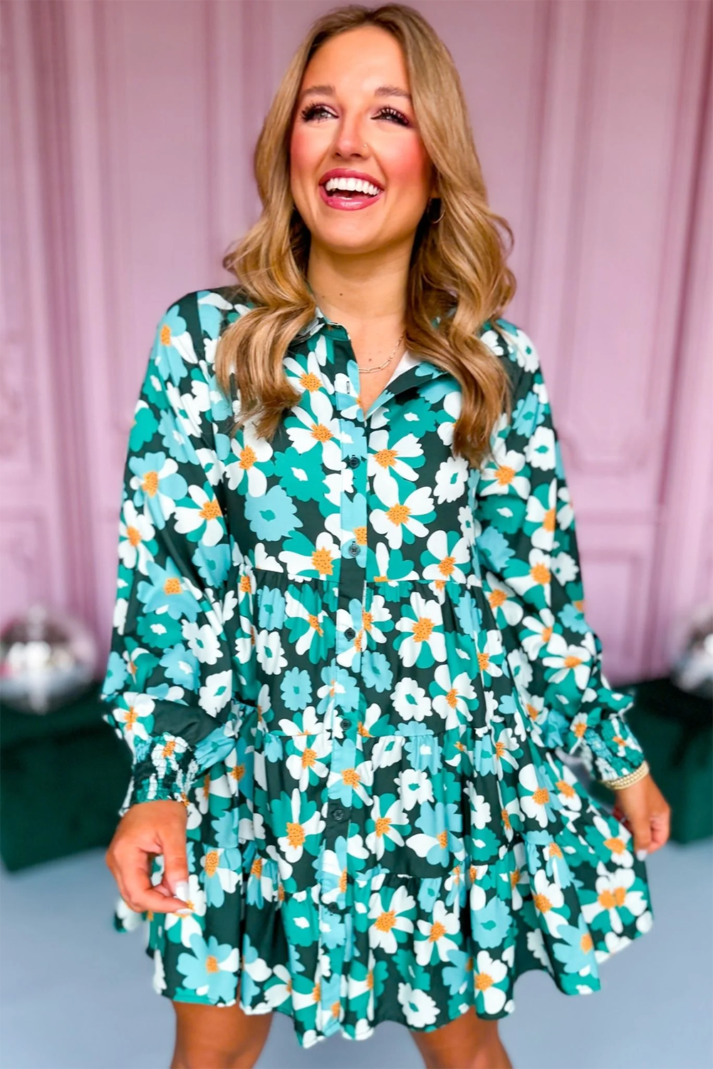 Green Flower Print Smocked Cuffs Tiered Mini Dress