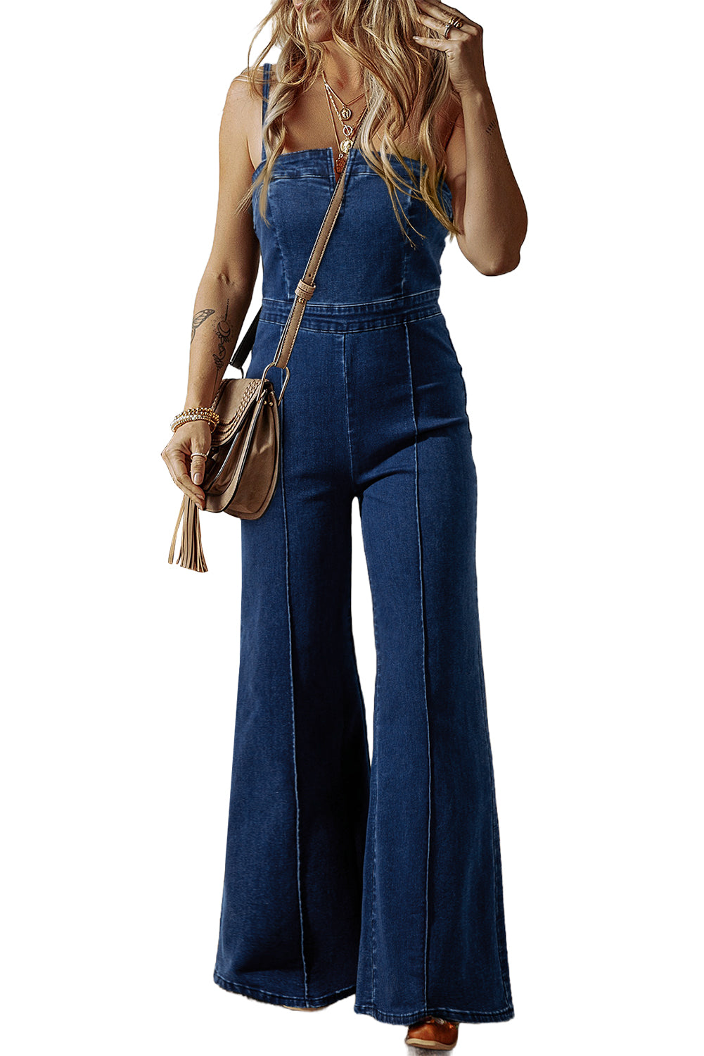 Seamed Zipper Spaghetti Strap High Waist Flared Jumpsuit