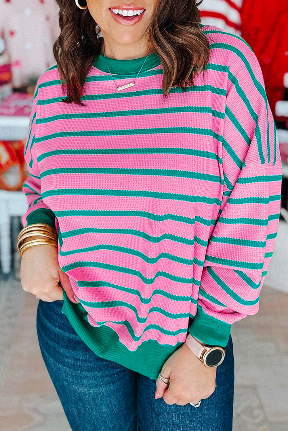 Plus Size Pink and Green Stripe Waffle Knit Shirt