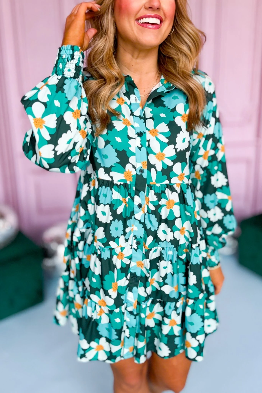 Green Flower Print Smocked Cuffs Tiered Mini Dress