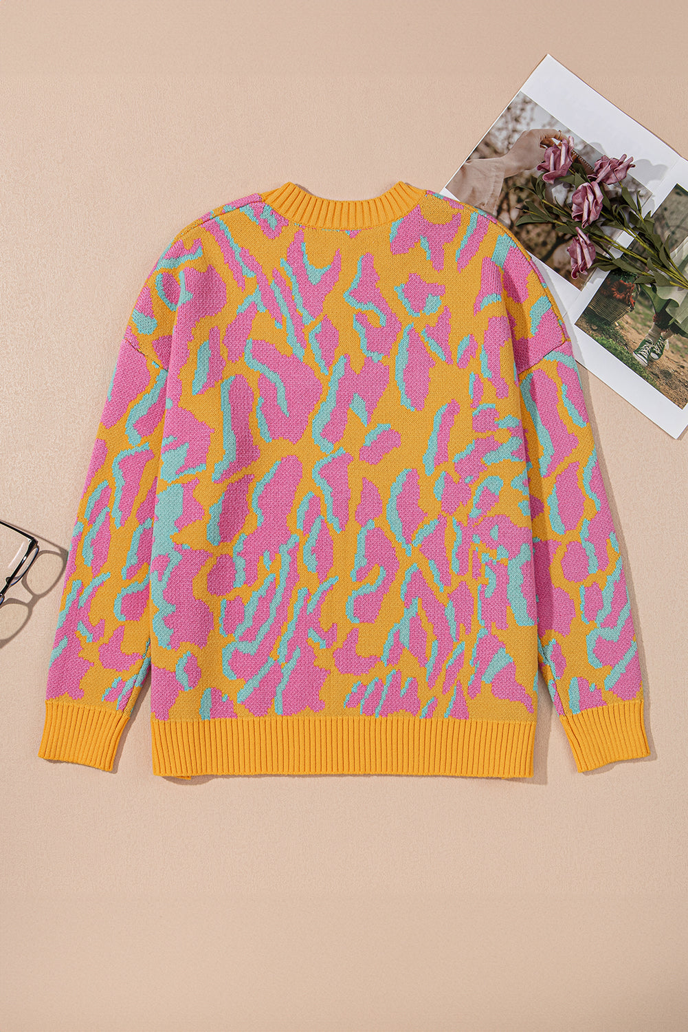 Plus Size Pink and Yellow Leopard Ribbed Trim Sweater