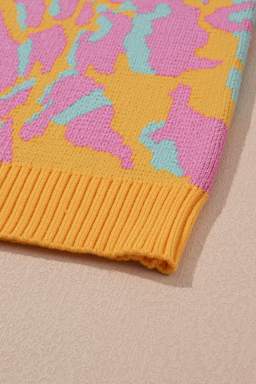 Plus Size Pink and Yellow Leopard Ribbed Trim Sweater
