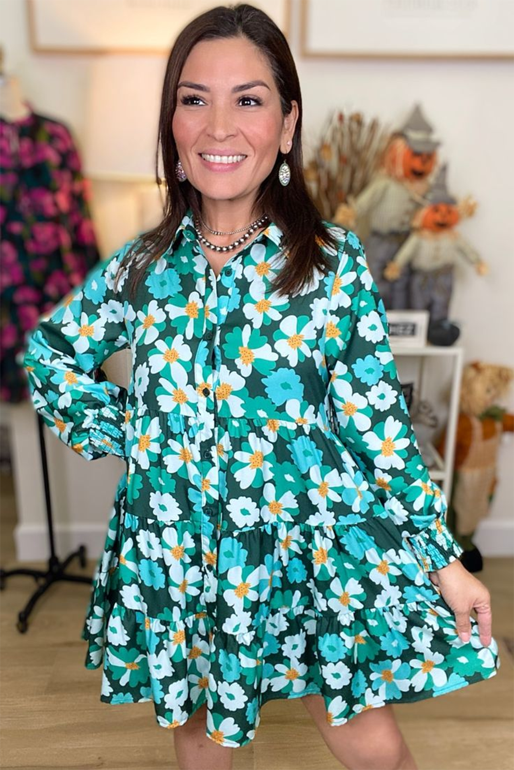Green Flower Print Smocked Cuffs Tiered Mini Dress