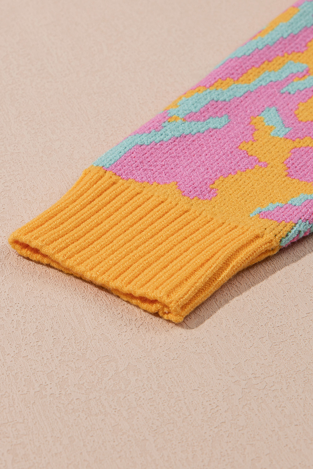 Plus Size Pink and Yellow Leopard Ribbed Trim Sweater