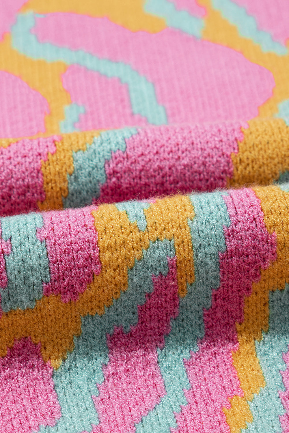 Plus Size Pink and Yellow Leopard Ribbed Trim Sweater