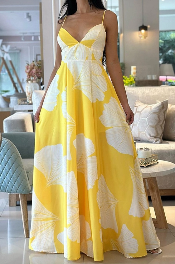 Yellow floral fashion print maxi dress