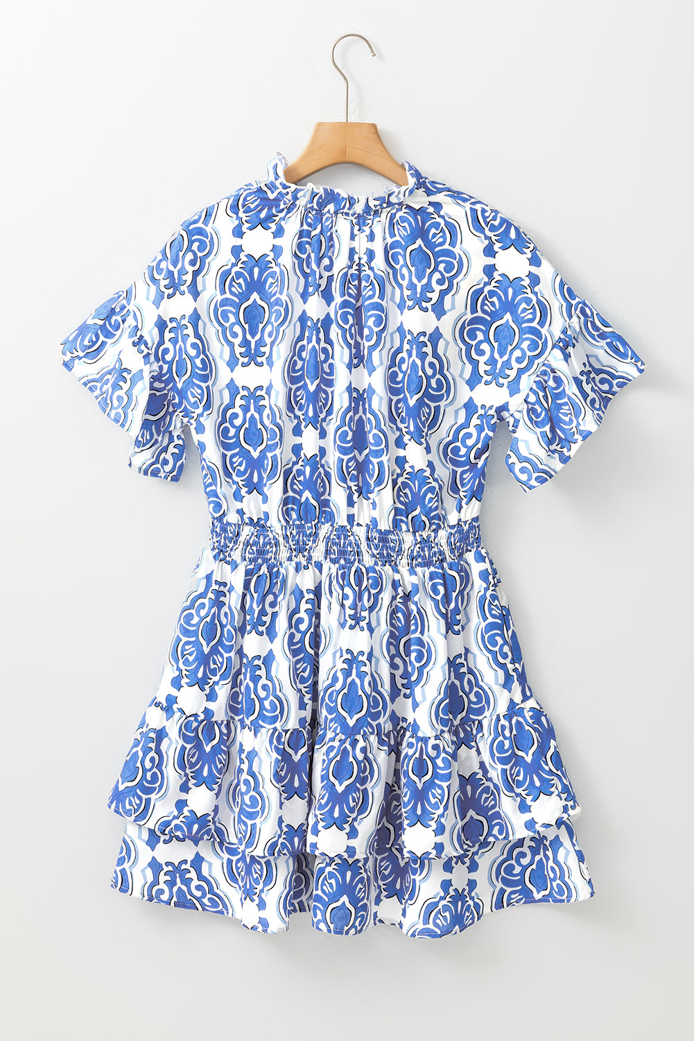 Blue Vintage Floral Print Wide Ruffled Sleeve Dress