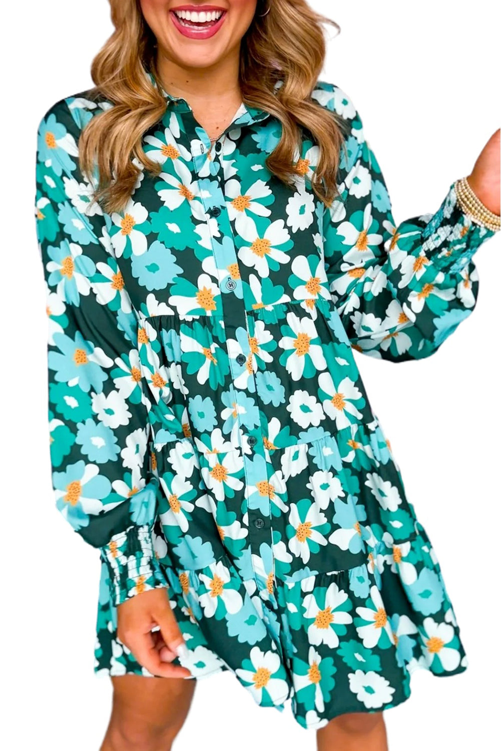 Green Flower Print Smocked Cuffs Tiered Mini Dress