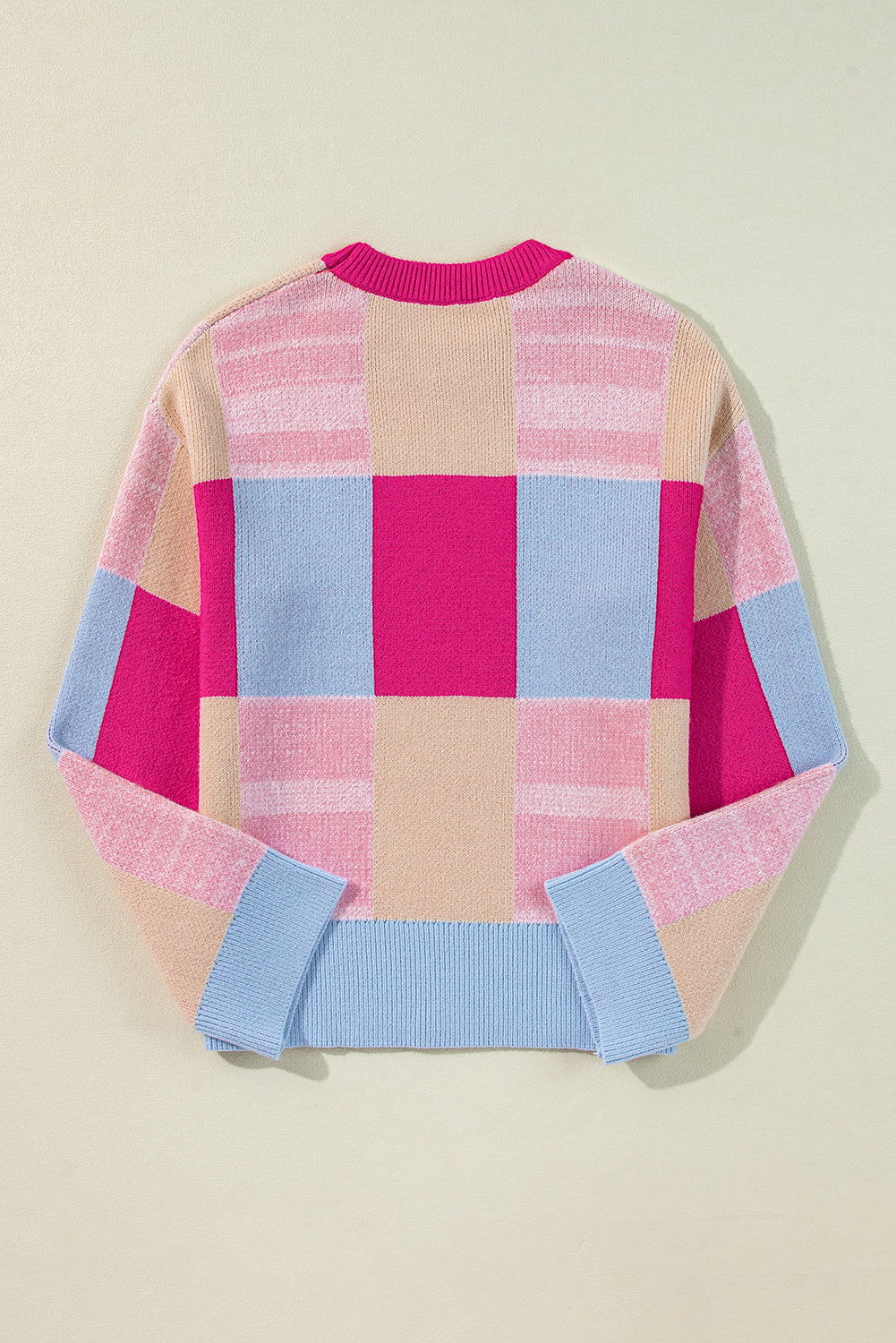 Rose Red Color Block Drop Shoulder Crewneck Loose Fit Sweater