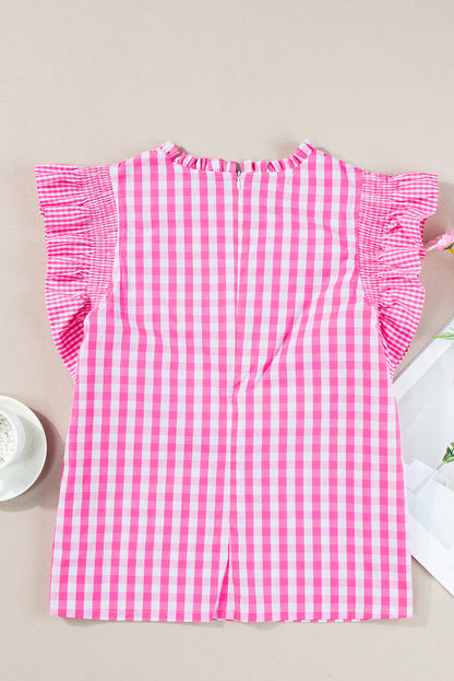 Rose Red Checkered Ruffled Trim Frilled Neck Blouse