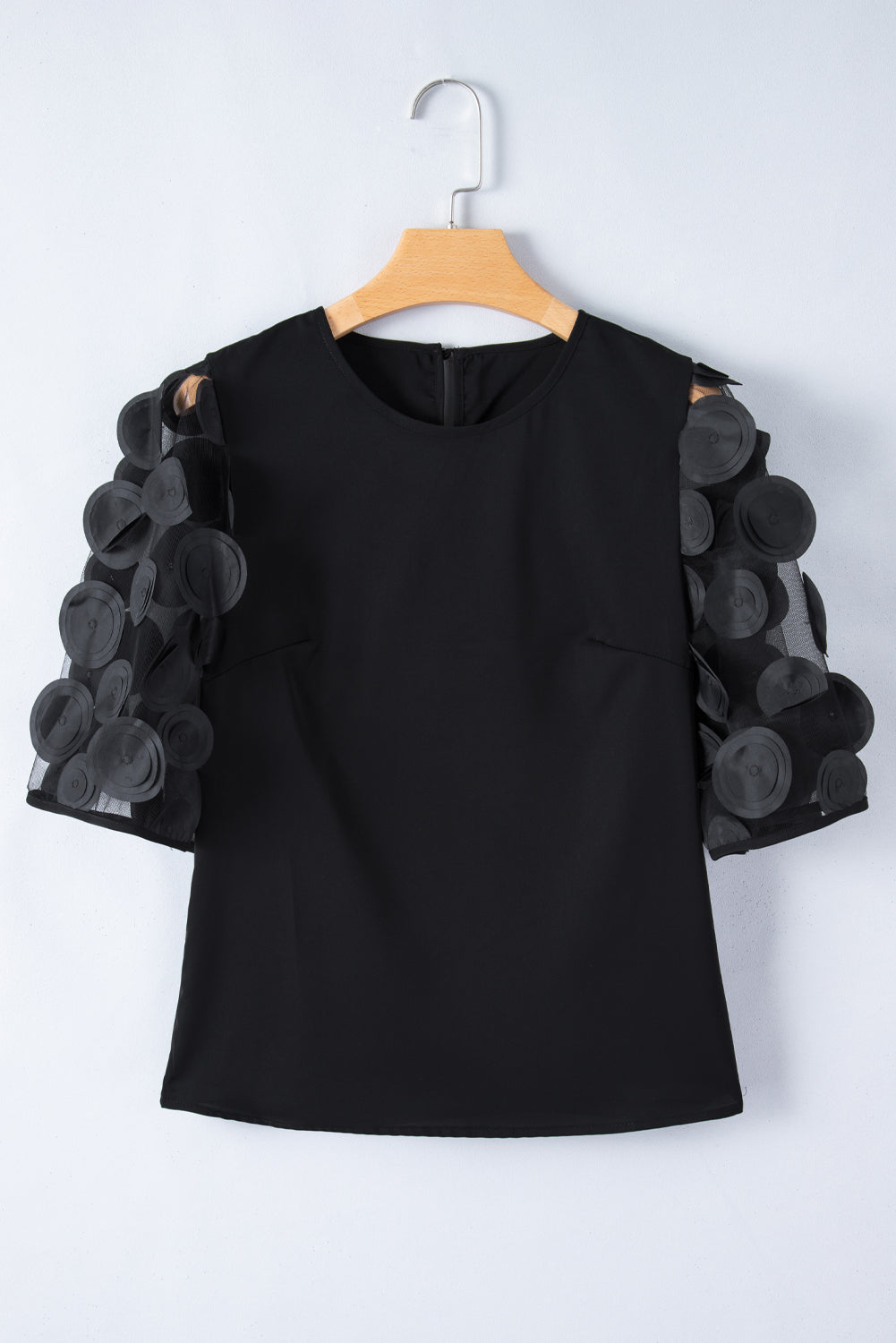 Black Contrast Applique Mesh Short Sleeve Blouse