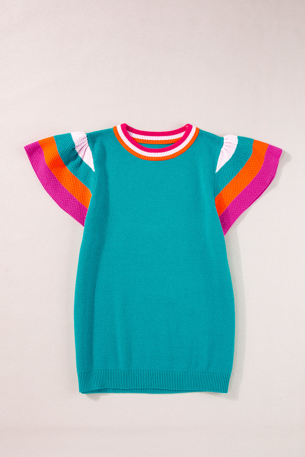 Turquoise Contrast Flutter Sleeves Knitted Sweater Shirt