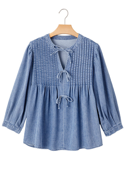 Myosotis Denim Bow Tie Pleated Puff Sleeve Top