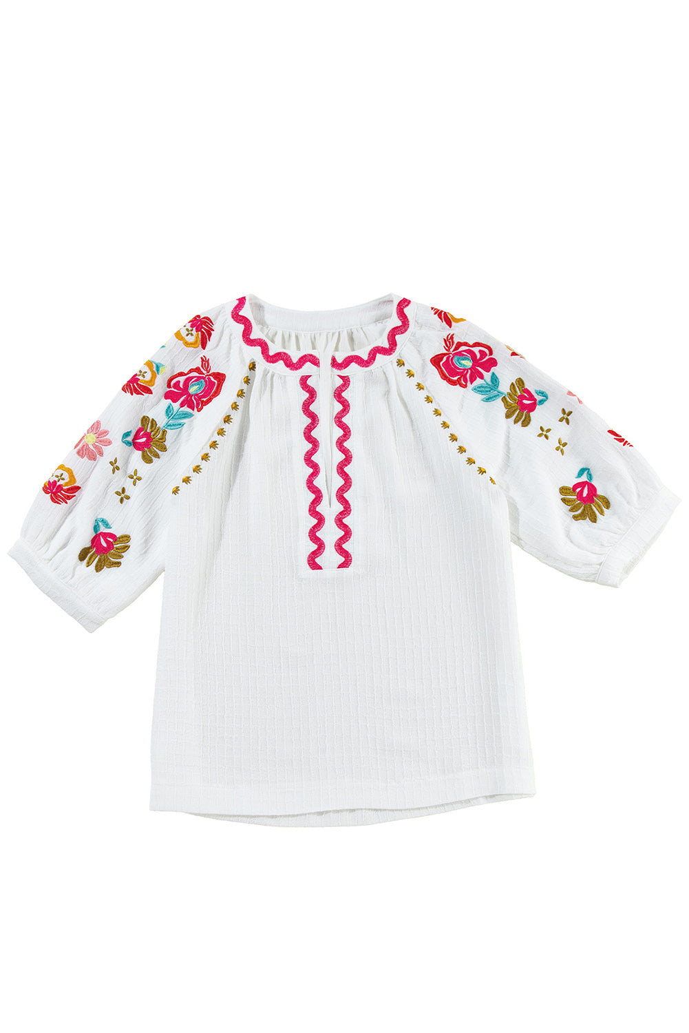 Floral Embroidered Ricrac Puff Sleeve Textured Blouse