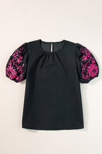 Black Floral Embroidered Puff Sleeve Shirt