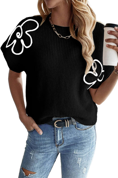 Black Flower Embroidery Sweater Top