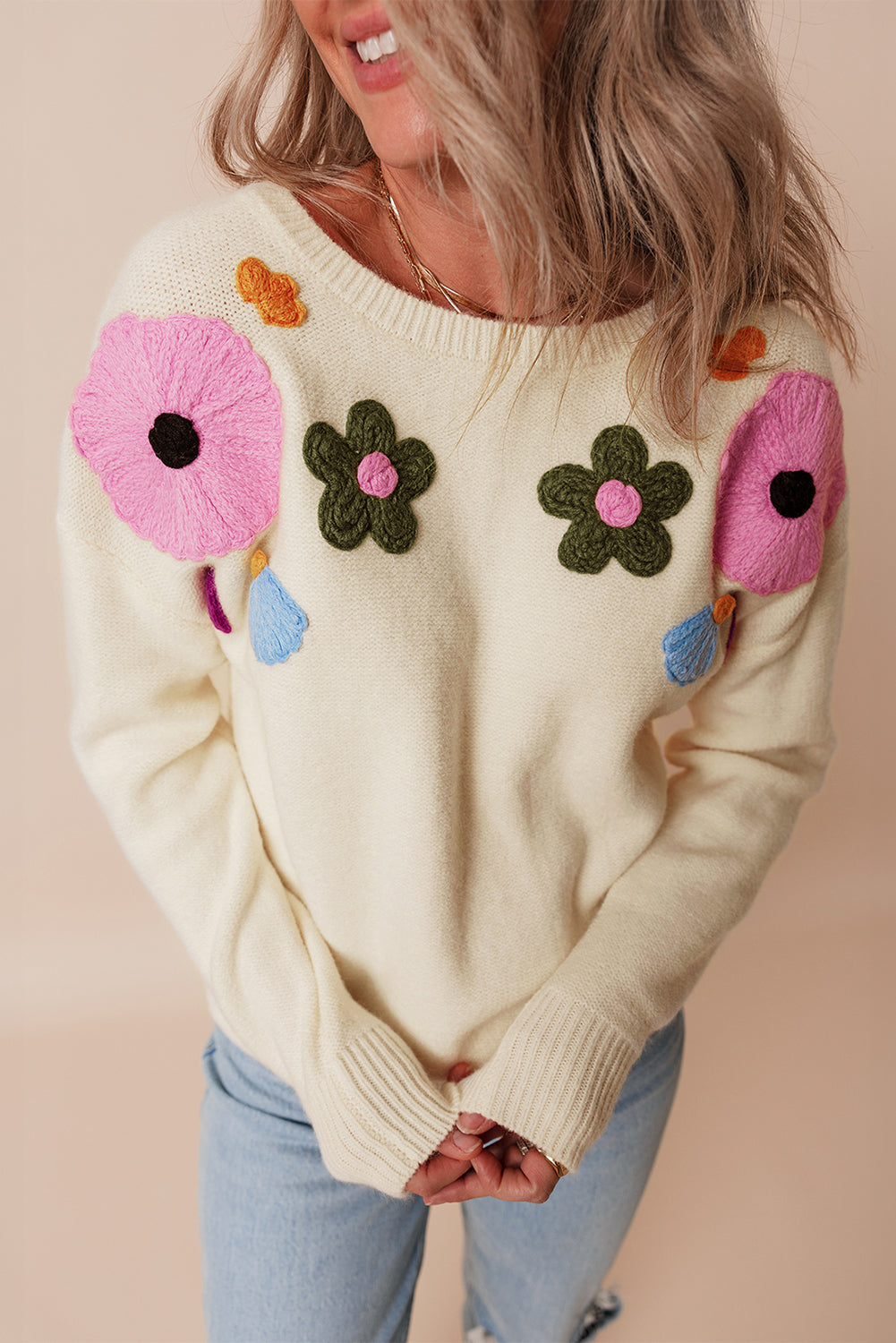 Knitted Flower Pattern Ribbed Edge Sweater