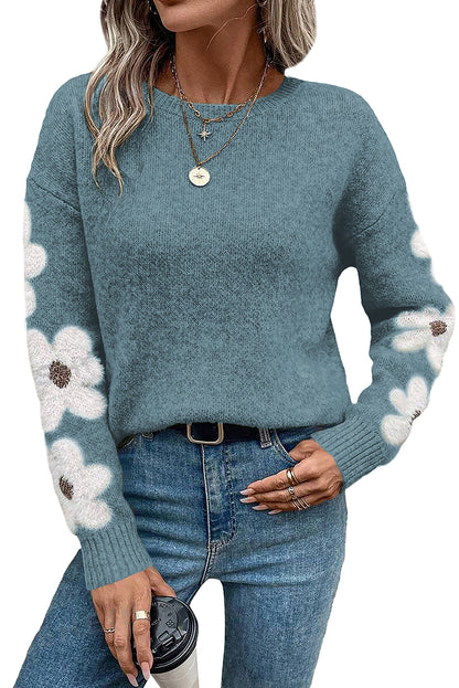 Light Grey Flower Sleeve Drop Shoulder Sweater