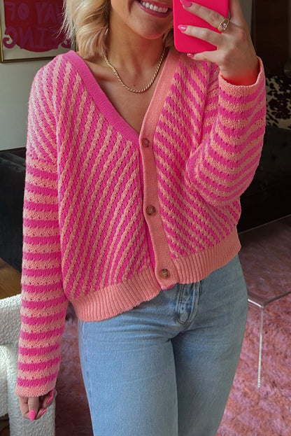 Pink Striped Buttoned V Neck Drop Shoulder Cardigan