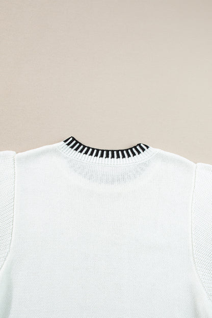 White Contrast Trim Round Neck Batwing Sleeve Knitted Top