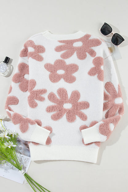 White Flower Print Loose Sweater