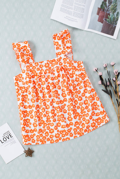 Orange Floral Print Square Neck Sleeveless Boho Top