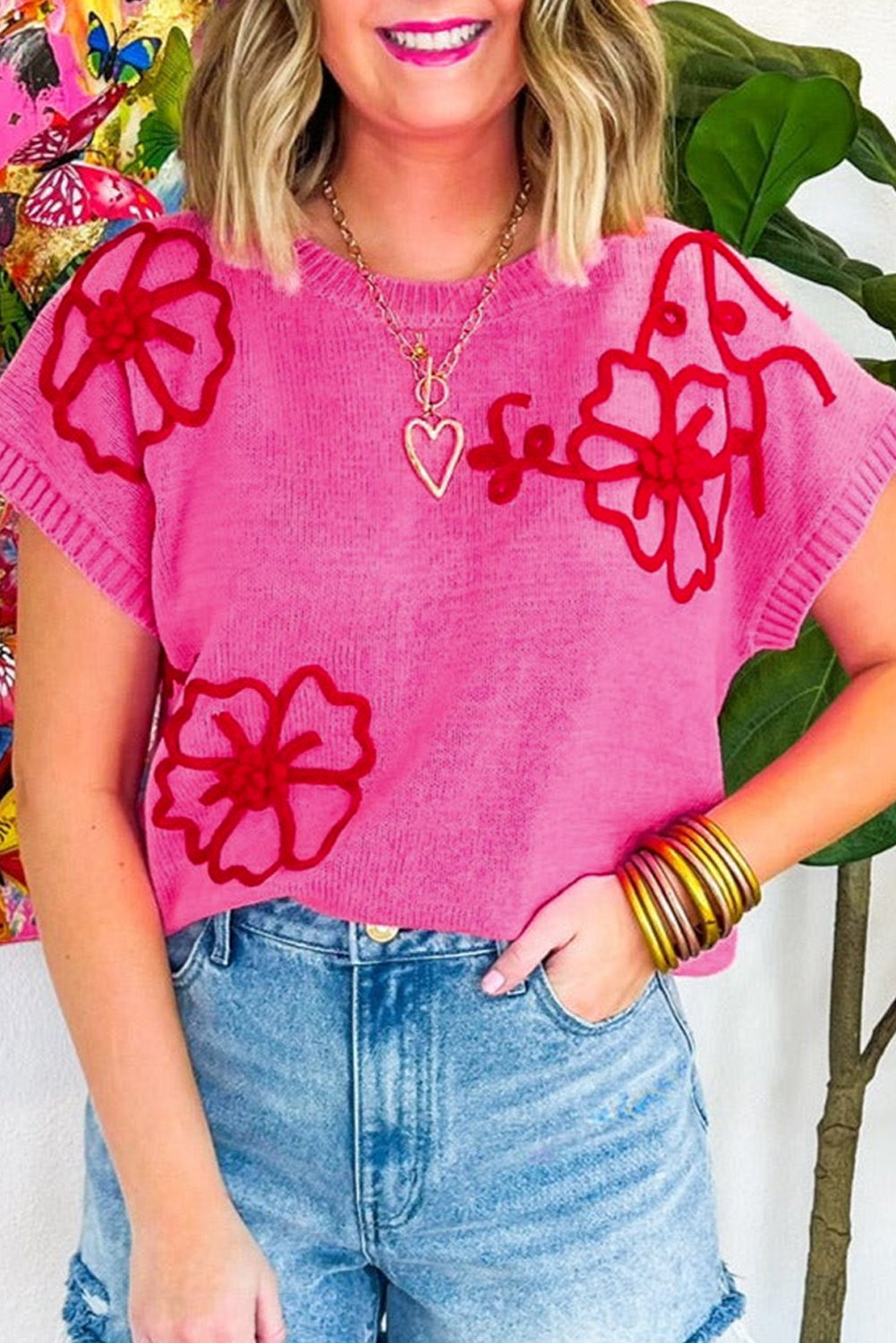 Bright Pink Flower Embroidery Short Sleeve Knitwear Top