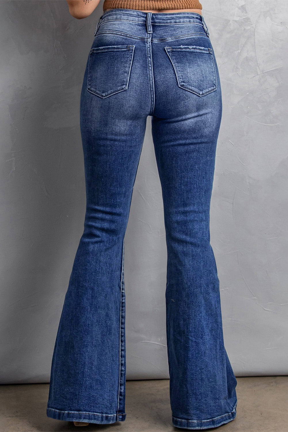 Plus Size Dark Blue Stitching Washed Flare Jeans