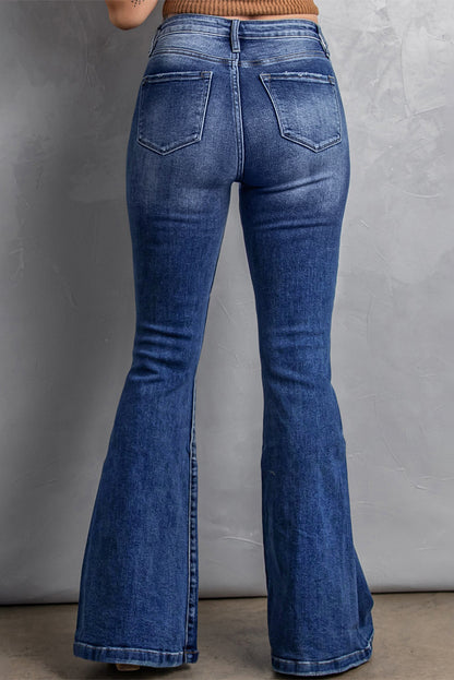 Plus Size Dark Blue Stitching Washed Flare Jeans