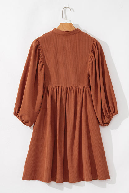 Snap Button Empire Waist Lantern Sleeve Corduroy Dress