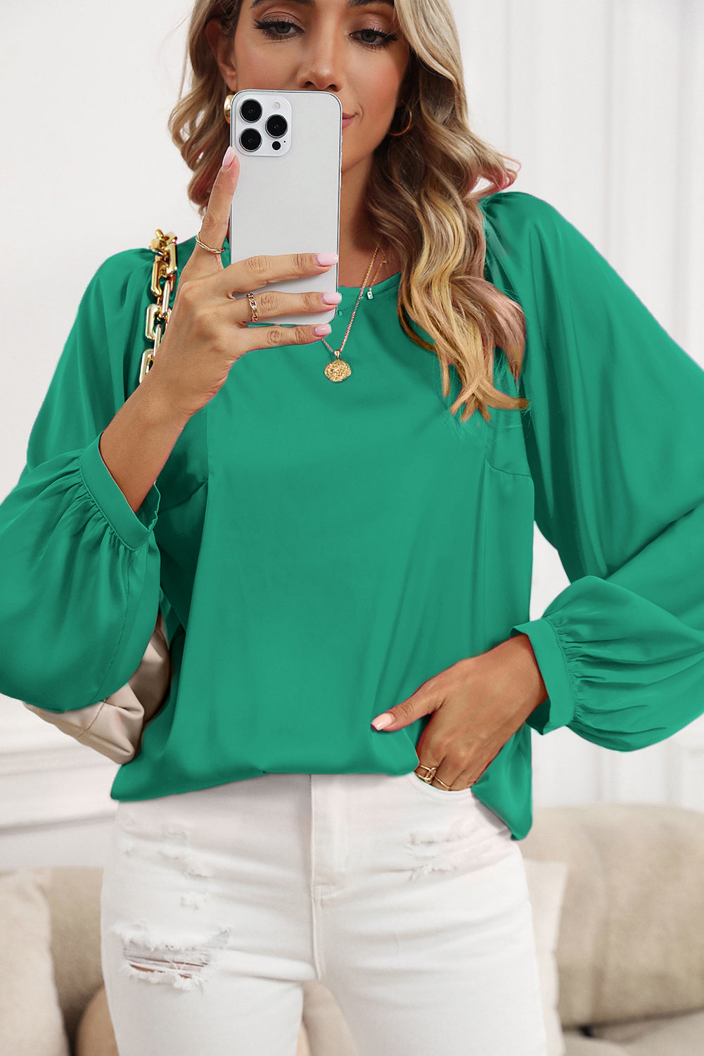 Plain Satin Puff Long Sleeve Crewneck Blouse