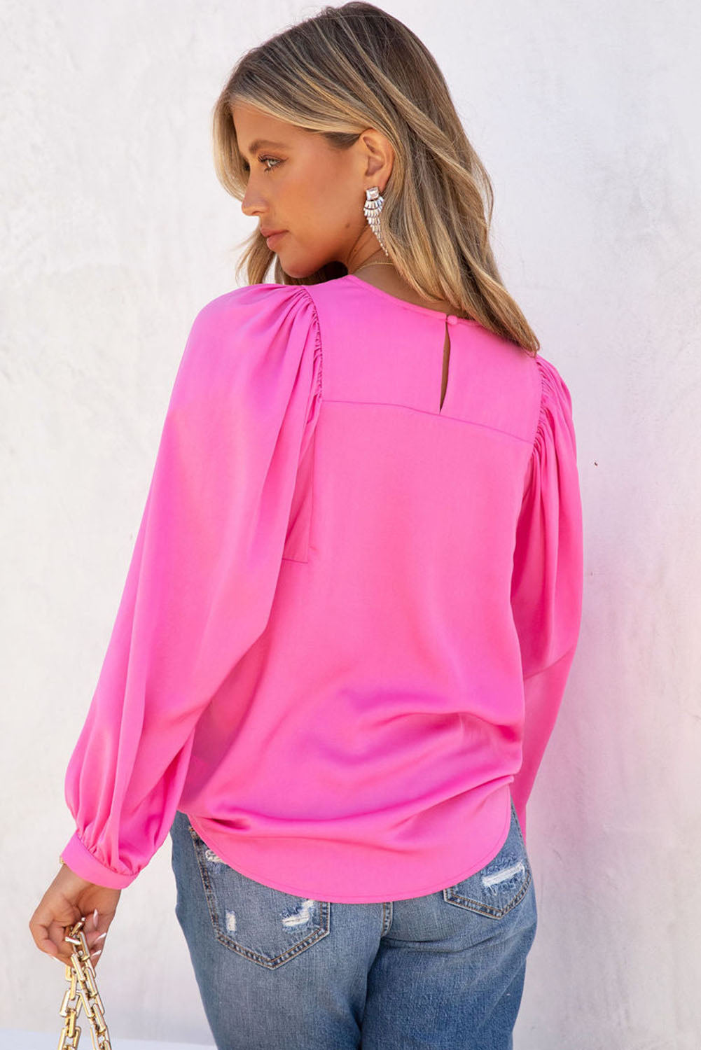 Plain Satin Puff Long Sleeve Crewneck Blouse