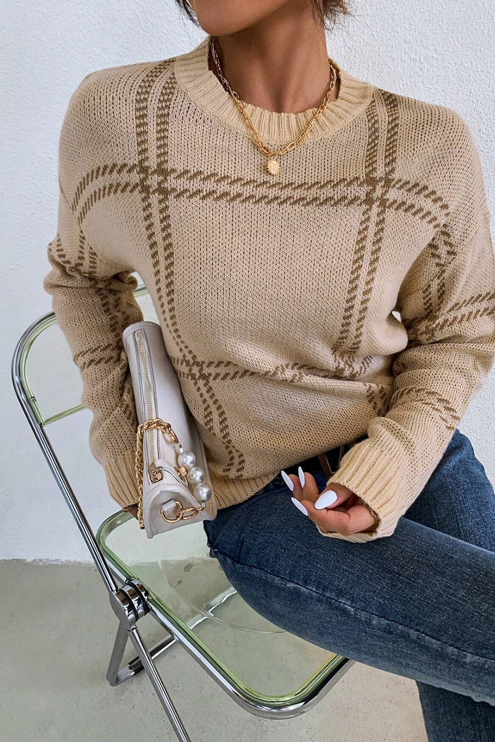 Plaid Pattern Knitted Drop Shoulder Sweater