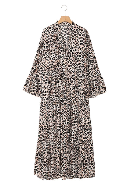 Apricot Leopard Print Tiered Wide Sleeve Maxi Dress