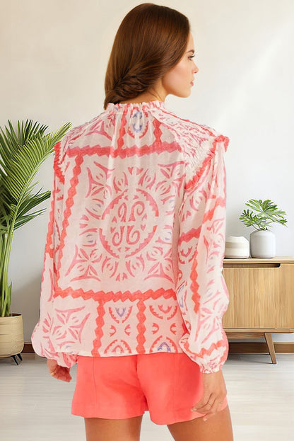 Abstract Print V Neck Smocked Long Sleeve Blouse