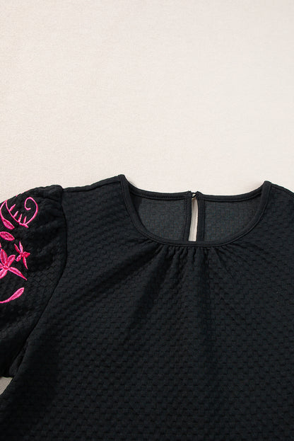 Black Floral Embroidered Puff Sleeve Shirt