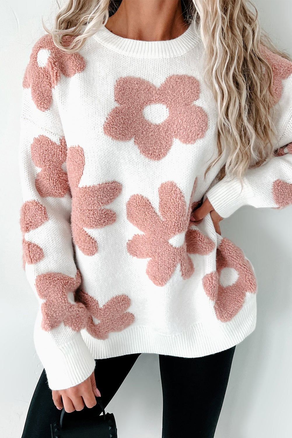 White Flower Print Loose Sweater