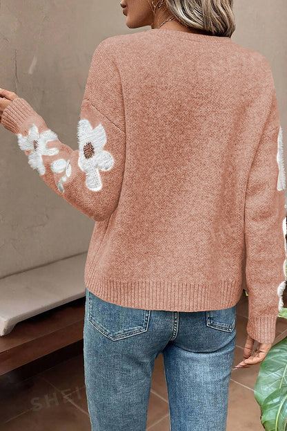 Light Grey Flower Sleeve Drop Shoulder Sweater