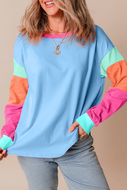 Blue Colorblock Long Sleeve Loose Top