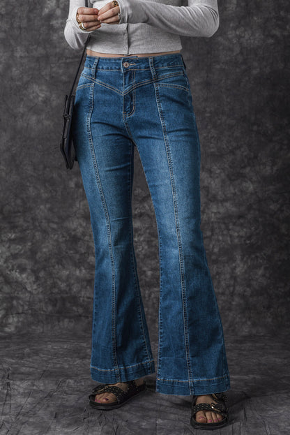 Blue High Waist Seam Stitching Pocket Flare Jeans