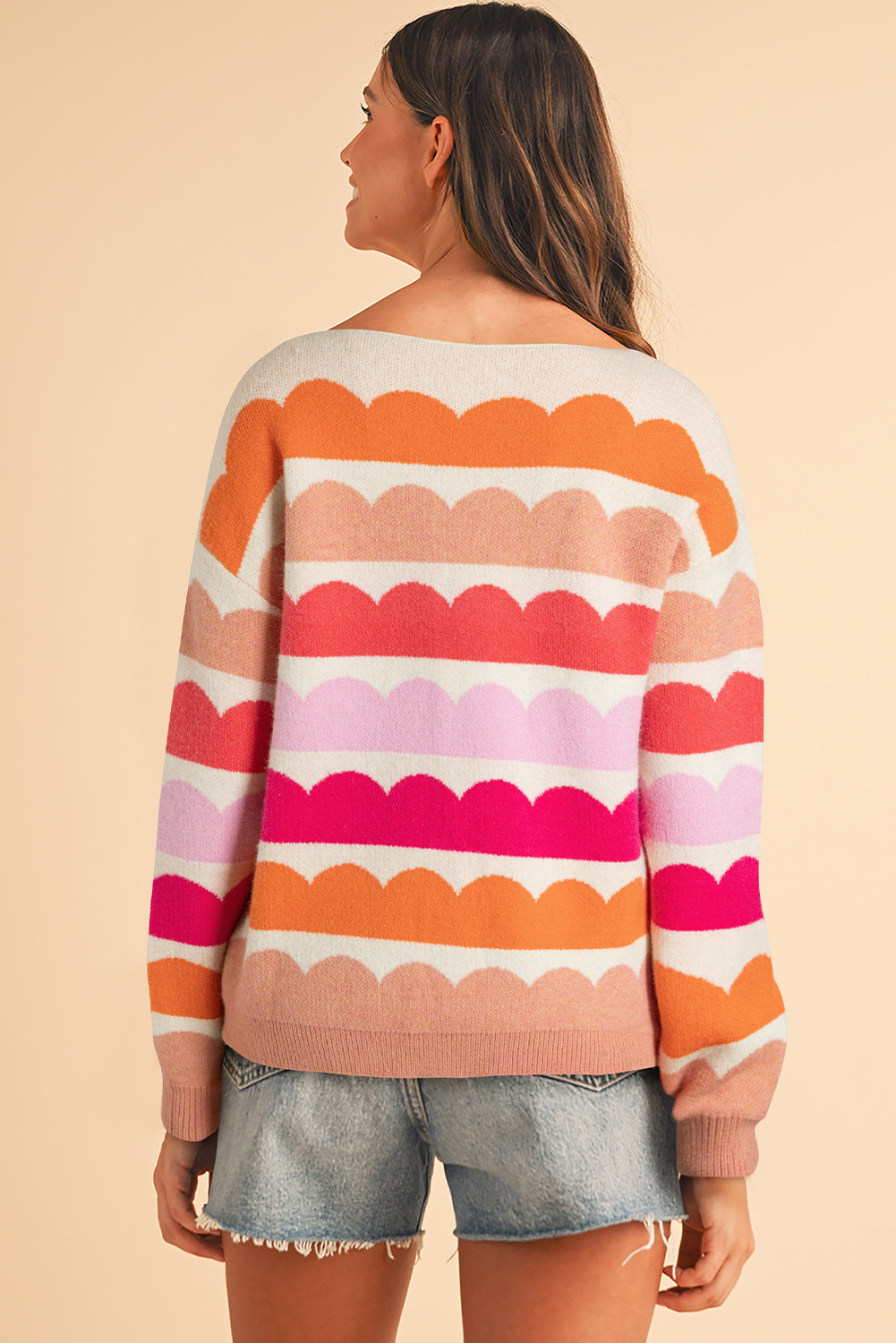 Wave Striped Balloon Sleeve Drop Shoulder Sweater