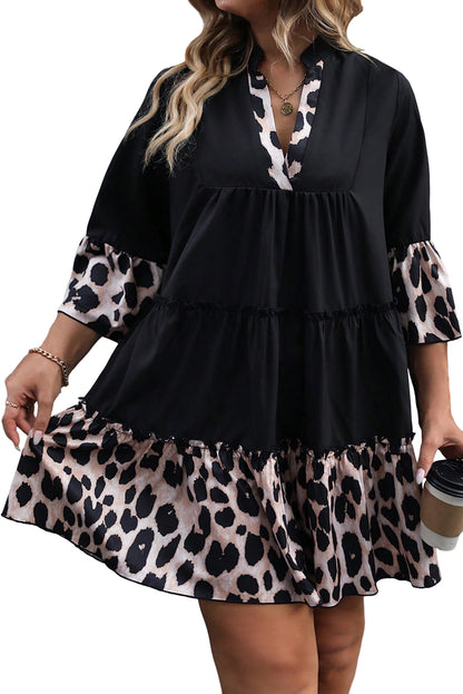 Plus Size Black Leopard Patchwork Split Neck Ruffle Dress