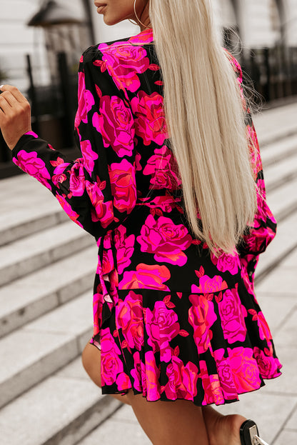 Rose Floral Print V Neck Ruffle Tiered Mini Dress