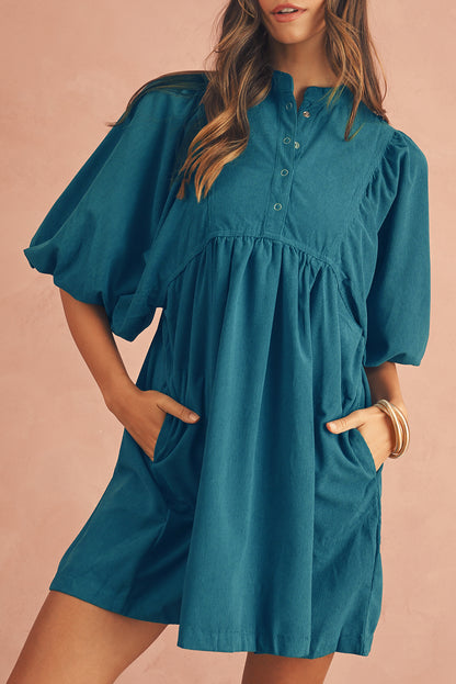 Snap Button Empire Waist Lantern Sleeve Corduroy Dress