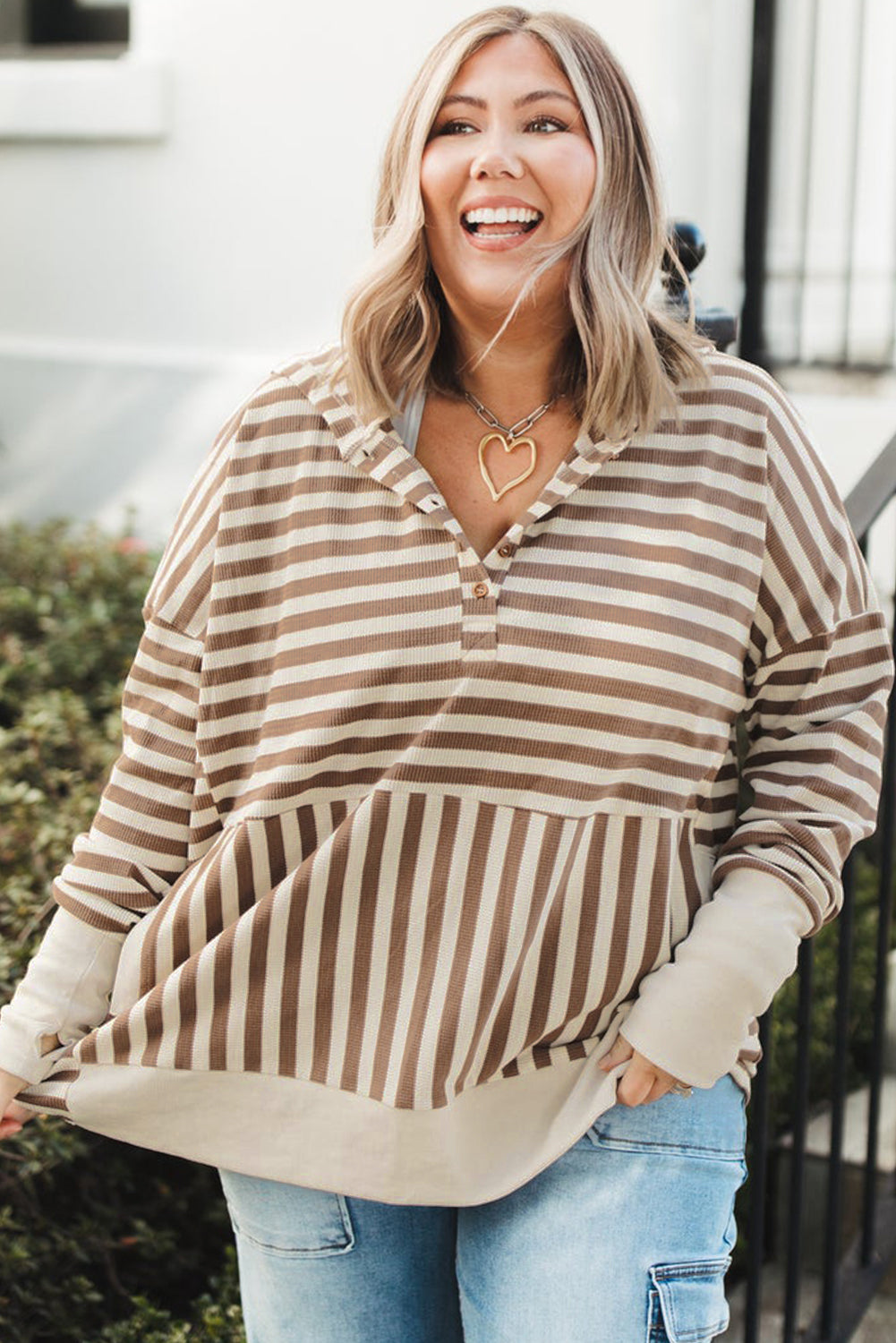 Plus Size Brown Stripe Drop Sleeve Henley Hoodie