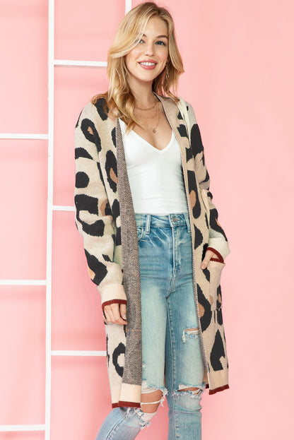 Leopard Print Open Front Pockets Midi Cardigan