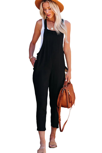 Black Adjustable Buckle Straps Cropped Jumpsuit